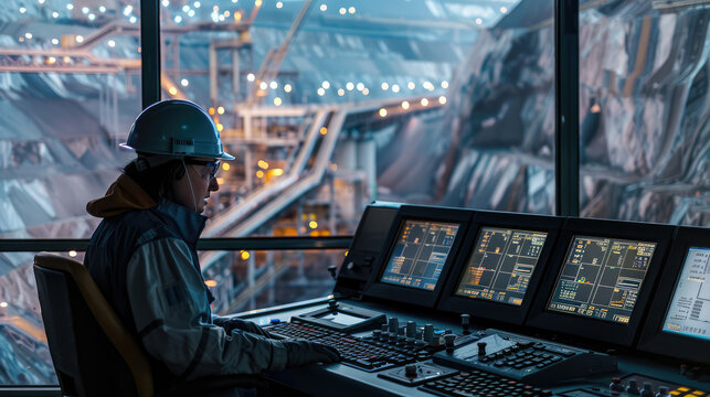 Industrial engineer working at control room monitoring mining operations