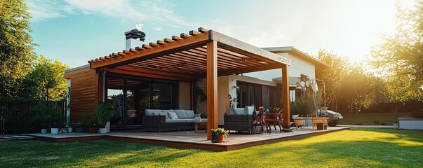 Family constructing a pergola or outdoor seating area in the backyard, illustrating the enhancement of outdoor living spaces
