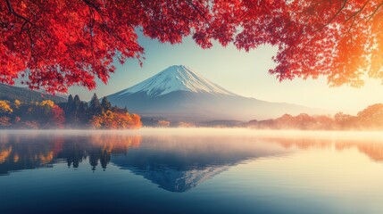 A mountain is reflected in a lake with red leaves, AI