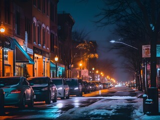 City street at night with cars on the road and lights on.