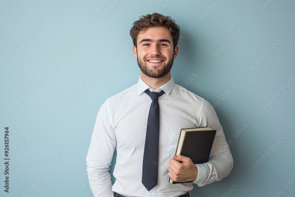 Wall mural happy smiling young employee, it businessman, corporate lawyer, wearing classic formal shirt, lookin