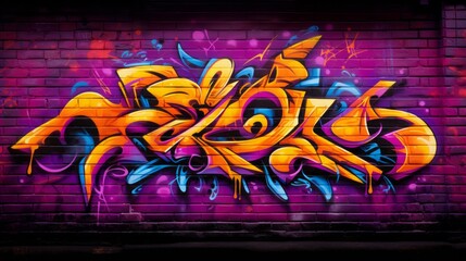 Naklejka premium Street art abstract graffiti piece on purple brick wall. Neural network ai generated art