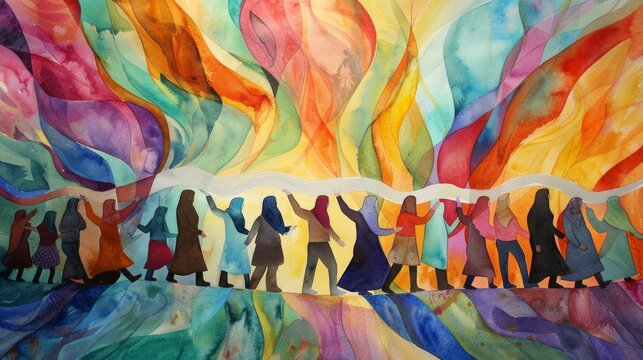 Women united in vibrant colors, celebrating together under flowing patterns of watercolor