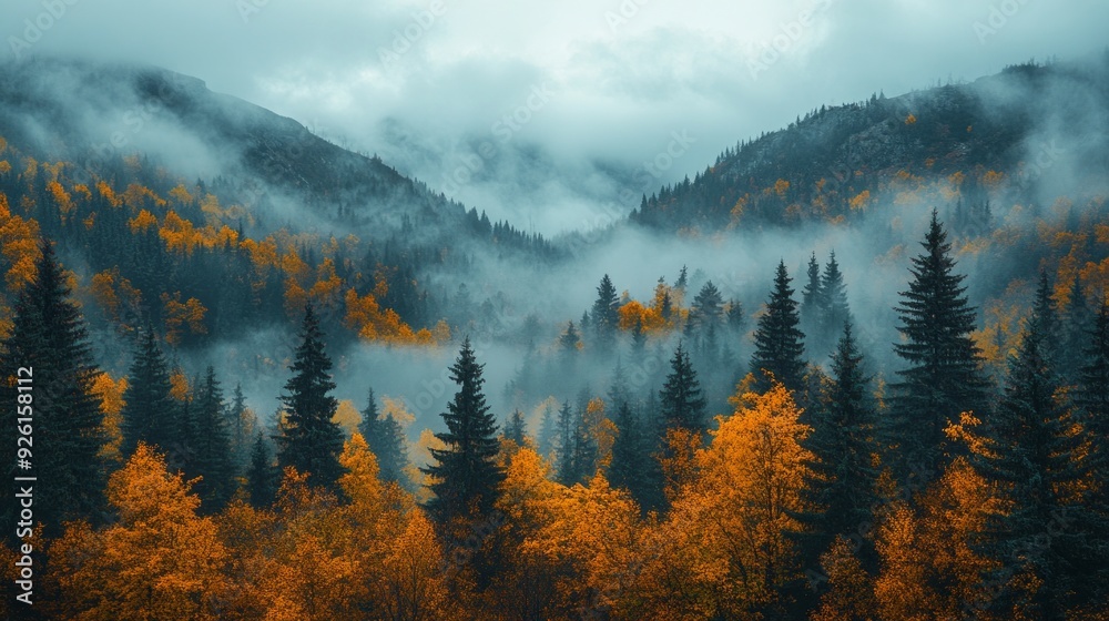 Poster lush forests adorned in vibrant autumn colors are shrouded in a soft mist, creating a serene atmosph