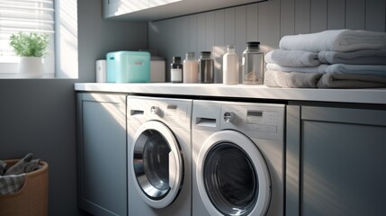 Interior of stylish kitchen with modern washing machines. Neural network ai generated art