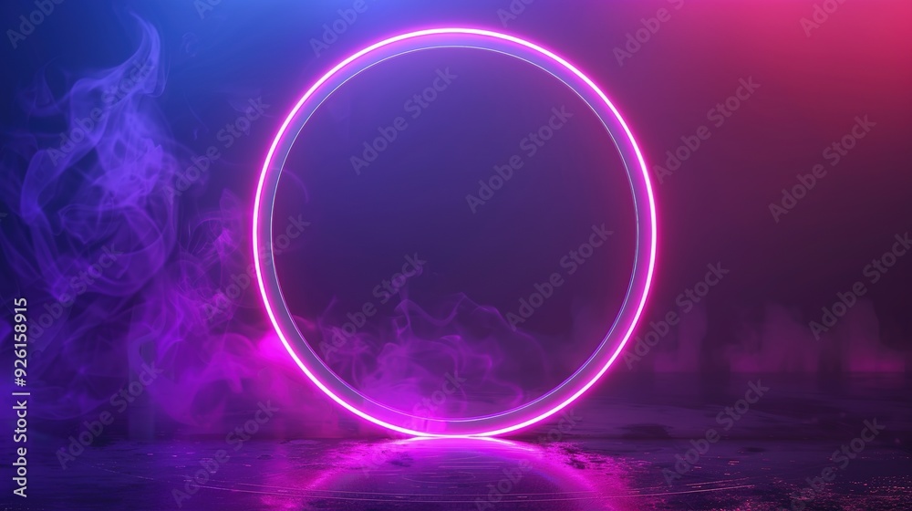 Canvas Prints a glowing neon circle surrounded by colorful smoke effects in a dark setting.