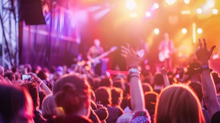 Obraz premium Crowd of People at a Concert with Raised Hands, Stage Lights, and a Musician on Stage