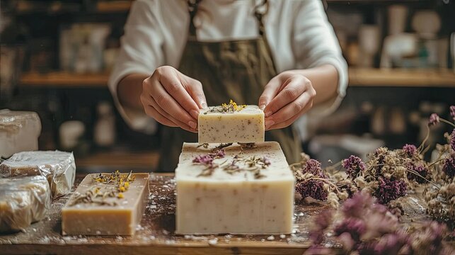 Individual making homemade soap with natural ingredients, highlighting the blend of creativity and self-care in crafting