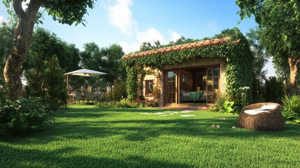 A small house with a patio and grassy yard in the background, AI
