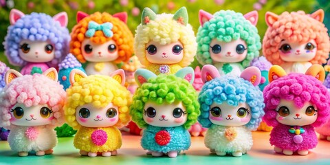 Fototapeta premium Vibrant colorful Nyota Fluffy life Series blind boxes collection display, featuring 12 adorable characters with cute facial expressions, colorful backgrounds, and endearing accessories.