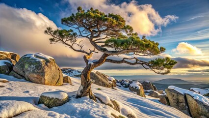 Fototapeta premium Rugged juniper tree defies harsh alpine conditions, its twisted branches and scraggly leaves clinging to life amidst snow-capped granite boulders in Finland's majestic Inari mountains.