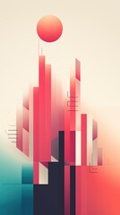 A vibrant abstract composition featuring geometric shapes in shades of red, pink, and teal. 