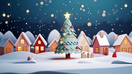 Obraz premium Festive Paper Art Christmas Tree with Lights in Snowy Village Scene