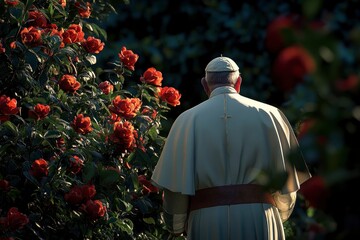 Holy father Pope in garden, back view, ai