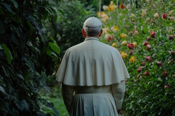 Holy father Pope in garden, back view, ai