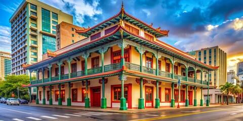 Obraz premium Vibrant colors and intricate architecture adorn the historic Chinese Benevolent Society building on Hotel Street in Honolulu's bustling Chinatown district, Hawaii, USA.