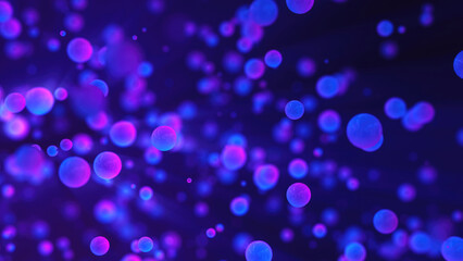 Abstract purple glowing background with flying balls circles atoms molecules particles energy bubbles
