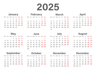 Calendar 2025 year icon in flat style. Planner vector illustration on isolated background. Calender sign business concept.