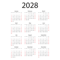 Calendar 2028 year icon in flat style. Planner vector illustration on isolated background. Calender sign business concept.