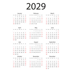 Calendar 2029 year icon in flat style. Planner vector illustration on isolated background. Calender sign business concept.