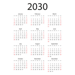 Calendar 2030 year icon in flat style. Planner vector illustration on isolated background. Calender sign business concept.