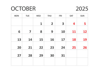 Calendar october 2025 icon in flat style. Planner vector illustration on isolated background. Calender sign business concept.