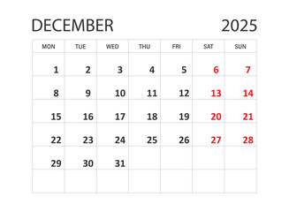 Calendar december 2025 icon in flat style. Planner vector illustration on isolated background. Calender sign business concept.