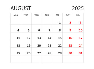 Calendar august 2025 icon in flat style. Planner vector illustration on isolated background. Calender sign business concept.