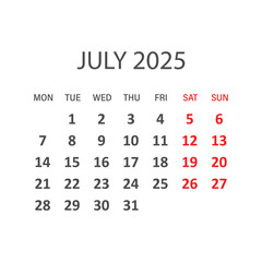 Calendar july 2025 icon in flat style. Planner vector illustration on isolated background. Calender sign business concept.