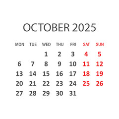 Calendar october 2025 icon in flat style. Planner vector illustration on isolated background. Calender sign business concept.