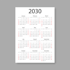 Calendar 2030 year icon in flat style. Planner vector illustration on isolated background. Calender sign business concept.