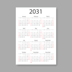 Calendar 2031 year icon in flat style. Planner vector illustration on isolated background. Calender sign business concept.