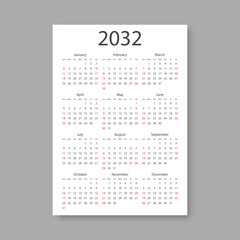 Calendar 2032 year icon in flat style. Planner vector illustration on isolated background. Calender sign business concept.