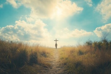 Fototapeta premium Jesus Cross Concept: way walking towards a cross , ai