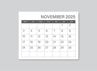 Calendar november 2025 icon in flat style. Planner vector illustration on isolated background. Calender sign business concept.