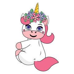 Cute cartoon baby unicorn with crown with flowers and leaves. Vector unicorn character. Baby unicorn mascot