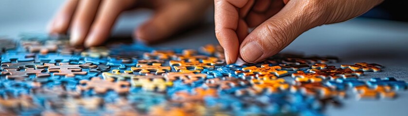 Fototapeta premium Person working on a detailed puzzle, illustrating the focus and satisfaction found in this relaxing hobby