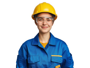 smiling female worker in safety helmet and glasses, isolated and happy