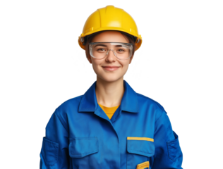 smiling female worker in safety helmet and glasses, isolated and happy