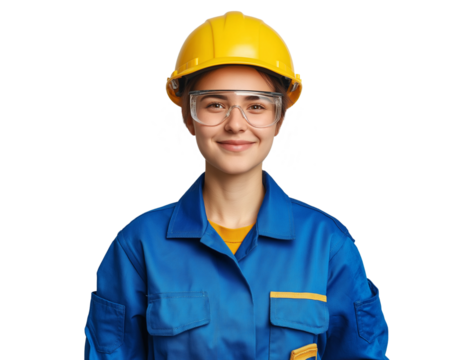 smiling female worker in safety helmet and glasses, isolated and happy