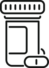 Medicine bottle with pill dropping, healthcare icon, simple black outline style