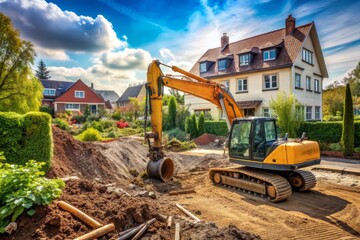 Fototapeta premium A large crane excavator pauses amidst renovation, surrounded by dug-up earth and dust, transforming a garden and house landscape in an urban development project.