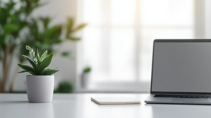 Fototapeta premium Modern workspace setup with a laptop, Ideal for illustrating productivity and minimalism in a professional setting 