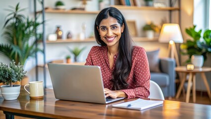 Fototapeta premium Happy South Asian female entrepreneur works from home, smiling at the camera while using a laptop, representing freelance professionals and remote workers.