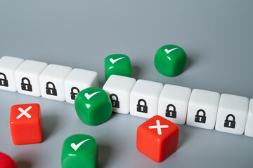 Cube with icon that show security screen process to protect harmful or accident. Explain for digital security process, internet firewall that prevent cyber security threat. Data protection with access