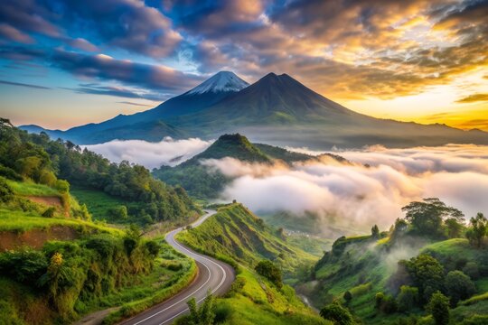 Misty fog veils Papandayan Mountain's lush landscape as morning drizzle yields to glistening wet roads, serenely capturing nature's intimate rendezvous with the elements.