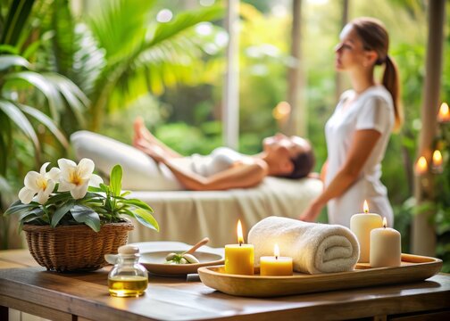 Serenity-filled spa ambiance with blurred figure indulging in rejuvenating aromatherapy massage, surrounded by calming decor, soft daylight, and subtle spa accessories in a luxurious resort setting.