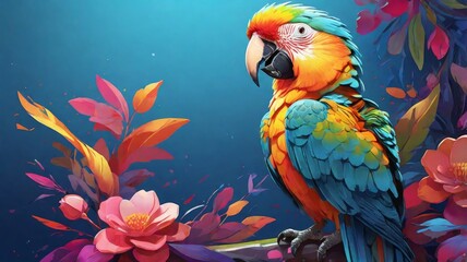 Fototapeta premium Cute cartoon banner.Bright digital illustrated postcard, poster.blue and yellow macaw ara