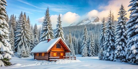 Fototapeta premium Secluded wooden cabin nestled among frosty evergreen trees, surrounded by a serene blanket of snow, evoking a sense of winter wonderland tranquility and isolation.