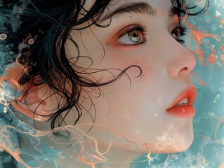 a woman with green eyes and a blue water background.